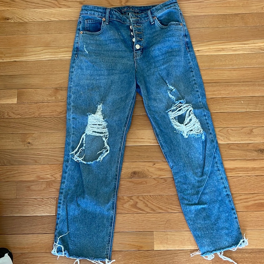 Distressed button fly boyfriend jeans